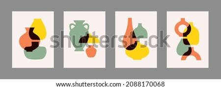 Trendy set posters with colorful various ceramic vases  different shape. Antique, ancient ceramic vases and pottery in silhouette. Vector hand drawn illustration Royalty-Free Stock Photo #2088170068