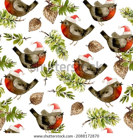 Watercolor Seamless Pattern with Bullfinches on Hawthorn and Fir Branches with Cones Isolated on White. Robin Bird Wildlife Scene Ornament. Vintage Style Traditional Winter Symbols. Vector