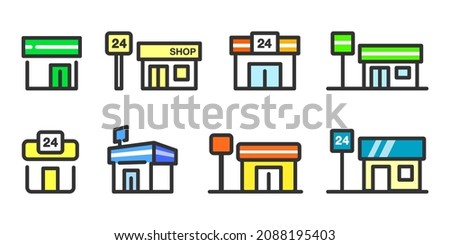 Convenience store shop vector icon illustration material color set Royalty-Free Stock Photo #2088195403