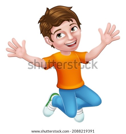 A happy boy kid child cartoon character jumping for joy
