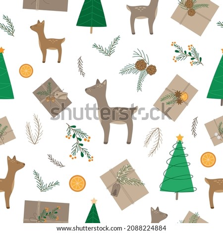 Natural christmas vector illustration seamless pattern. Doe deer, gifts, trees and branches, cartoon hand drawn icons. Christmas forest simple drawing background. Isolated. 