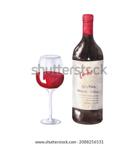 Bottle of red wine and glass with wine isolated on white. Watercolor illustration. Hand drawn food clipart.