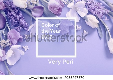  spring flowers on  purple background, color of year 2022