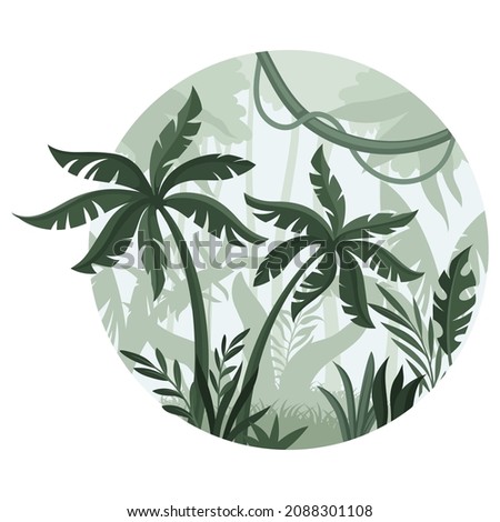 Beautiful jungle landscape with palm trees in mist. Exotic tropical scenery in round shape design vector illustration
