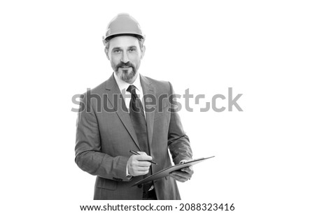 cheerful mature man signing contract on folder isolated on white copy space, professional occupation