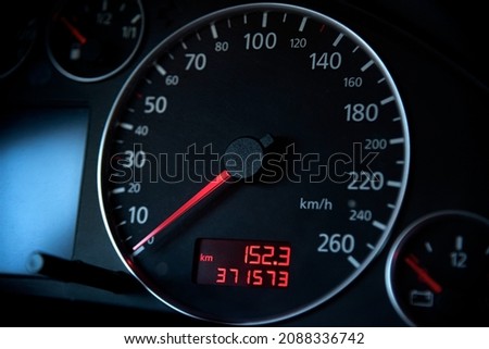 Car speedometer, close up. A device for determining the speed of a car. Royalty-Free Stock Photo #2088336742
