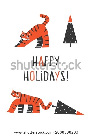 Vector flat illustration with symbol of Chinese New Year of 2022 - Tiger. Text - Happy Holidays! Naughty animal dropped Christmas Tree. Size is for vertical gift cards, posters