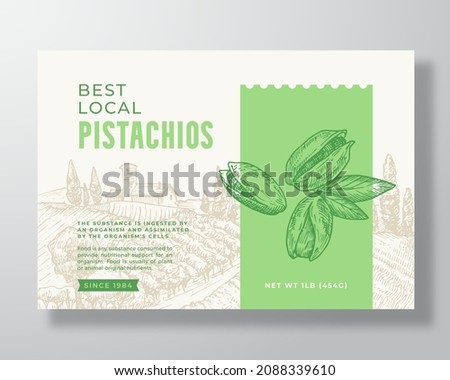 Fresh Local Pistachios Food Label Template. Abstract Vector Packaging Design Layout. Modern Typography Banner with Hand Drawn Nuts and Rural Landscape Background Isolated Royalty-Free Stock Photo #2088339610