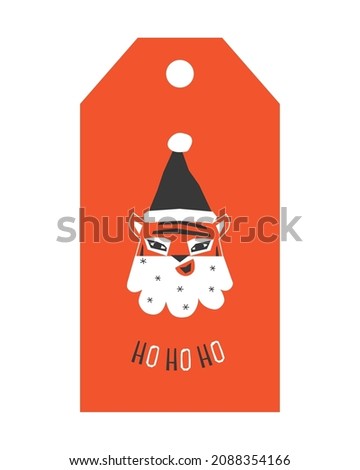 Vector flat illustration with symbol of Chinese New Year of 2022 - Tiger. Template for gift tag. Text - Ho Ho Ho! Funny animal is in Santa Hat. Vertical size. Orange background