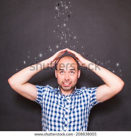Man making roof with hands above his head in number rain