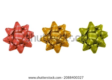 Three colorful bows isolated on white background. Christmas ornaments, presents wrapping decor.