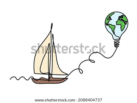 Abstract color boat with light bulb globe as line drawing on white background. Vector