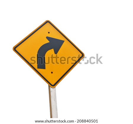 Yellow traffic sign "Turn right" on the White background