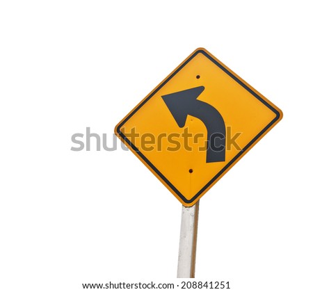 Yellow traffic sign "Turn left" on the White background