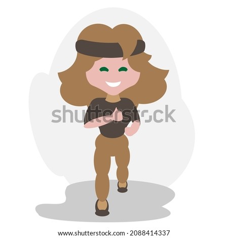 Full-color simple flat image of a girl with long hair running smiling in leggings and a T-shirt. Symbolizes happiness and a healthy lifestyle, health promotion.