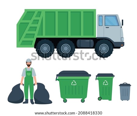 Garbage collection, Waste recycling and transportation set. Sanitary Vehicle, bins and dustman worker. Waste Collection, Vector flat or cartoon icons illustration isolated on white background. .