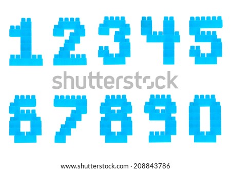 Set of numbers made of blue plastic toy construction building bricks isolated over the white background