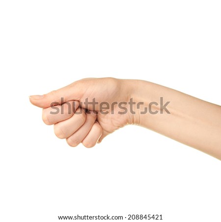 Female caucasian hand gesture of a clenched palm isolated over the white background
