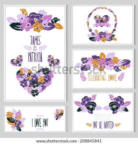 Elegant cards with floral pansy bouquets, hearts and wreath, design elements. Can be used for wedding,baby shower, mothers day, valentines day, birthday cards, invitations. Vintage decorative flowers.