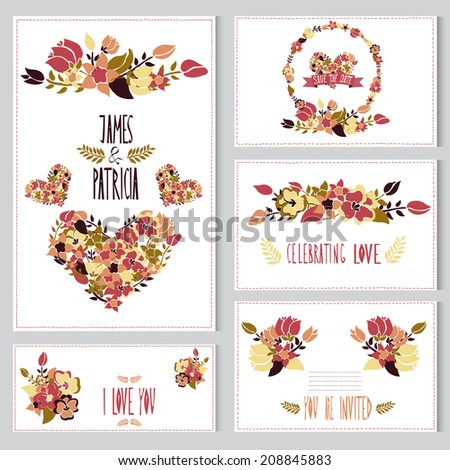 Elegant cards with floral bouquets, hearts and wreath, design elements. Can be used for wedding, baby shower, mothers day, valentines day, birthday cards, invitations. Vintage decorative flowers.