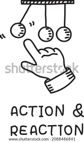 Action and reaction. Hand with Pendulum. Sketchy hand-drawn vector illustration.