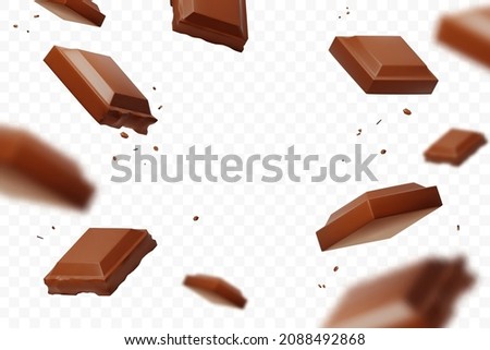 Realistic falling chocolate pieces isolated on transparent background. Levitating defocusing milk chocolate chunks. Applicable for packaging background, advertising, etc. Vector illustration. Royalty-Free Stock Photo #2088492868