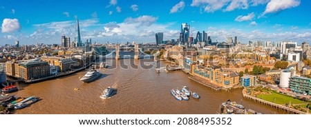 Aerial panoramic cityscape view of the London Tower Bridge and the River Thames, England, United Kingdom. Beautiful Tower bridge in London.