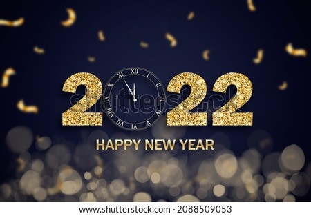 Happy new 2022 year design banner! Greeting card template with golden text, clock, confetti and blue background