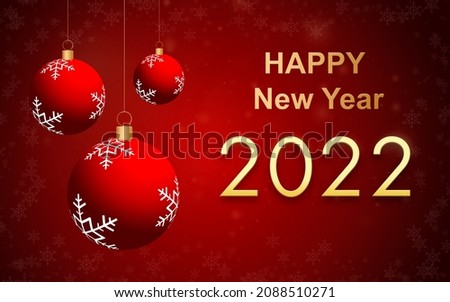 Happy new 2022 year design banner! Greeting card template with golden text, balls, snowflakes and red background