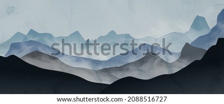 Watercolor art background with mountains and hills in the fog in blue tones. Landscape banner for interior decoration, print, decor