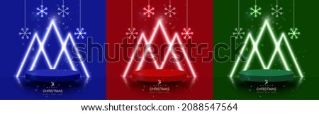Christmas 3d background set. Stage podium blue, red, green, decorated with neon lighting triangle shape. Product display, show, award, winners. Christmas and New year scene. Vector illustration.