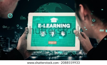 E-learning and Online Education for Student and University conceptual . Graphic interface showing technology of digital training course for people to do remote learning from anywhere.