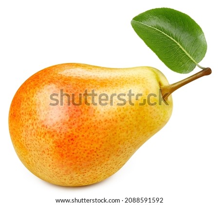 Yellow pear half. Pear with leaves isolated on white background. Yellow pear with clipping path Royalty-Free Stock Photo #2088591592