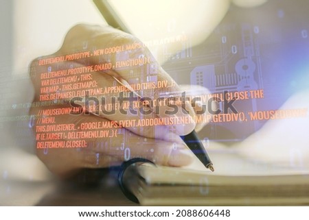 Multi exposure of abstract graphic coding sketch with man hand writing in diary on background, big data and networking concept