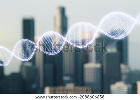 Virtual DNA symbol illustration on blurry skyline background. Genome research concept. Multiexposure