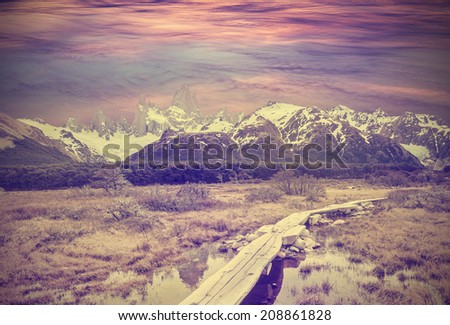 Vintage picture of Andes, Fitz Roy mountain range, Argentina 