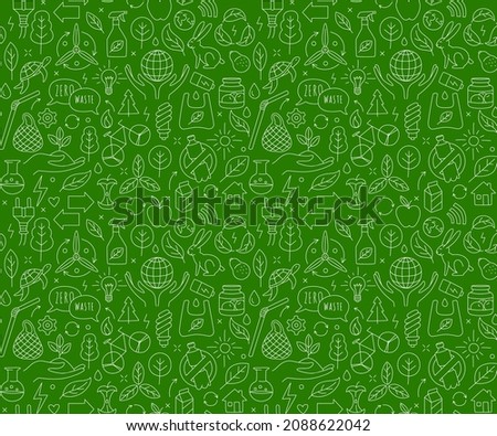 No plastic, go green, Zero waste concepts. Reduce, reuse, refuse, Reycle, Rot - ecological lifestyle and sustainable development. Linear icons style illustration seamless pattern doodle drawing. Royalty-Free Stock Photo #2088622042