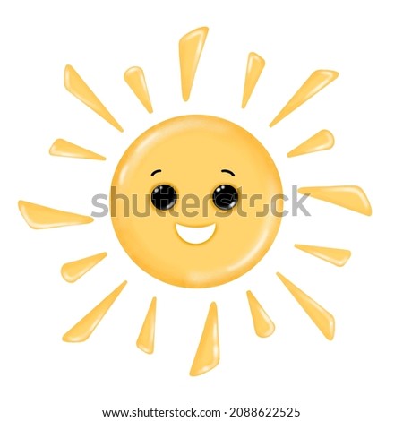 cute smiling sun, children's illustration, watercolor style clipart with cartoon character good for card and print design and children's room decoration