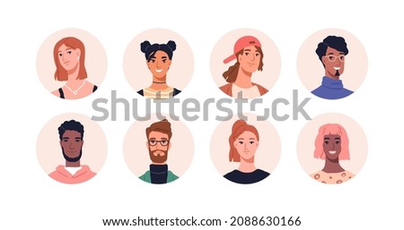 People avatars set. Diverse men and women head portraits. Happy users in circles. Different round face profiles with multiracial persons. Flat vector illustrations isolated on white background Royalty-Free Stock Photo #2088630166
