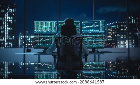 Financial Analyst Working on Computer with Multi-Monitor Workstation with Real-Time Stocks, Commodities and Exchange Market Charts. Businessman Deliberating on Next Investment Trade in a Bank Office. Royalty-Free Stock Photo #2088641587