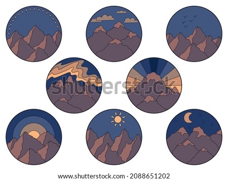 Vector illustration of mountain. Set of hand drawn outline icon in circle frame. For print, web, design, decor, logo.