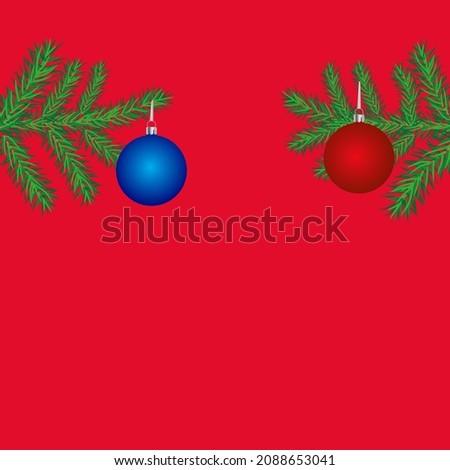 Red Christmas background with fir branches, red and blue balls. Illustration with clipping mask applied.