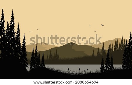 It is a beautiful view of the mountains from the riverbank at dusk with the silhouettes of the pine trees around it. Vector illustration of a city