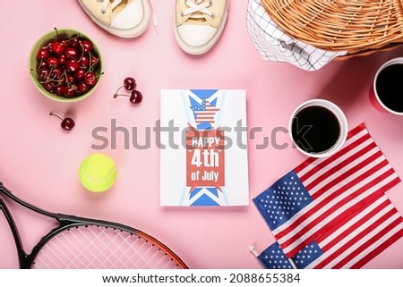 Greeting card for Independence Day of USA on color background