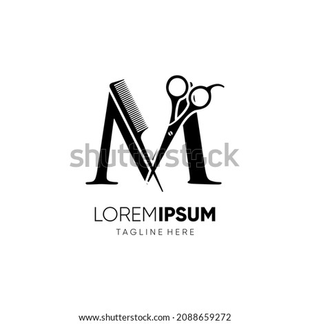 Letter M Scissors and Hair Comb Stylist Logo Design Vector Icon Graphic Emblem Illustration
