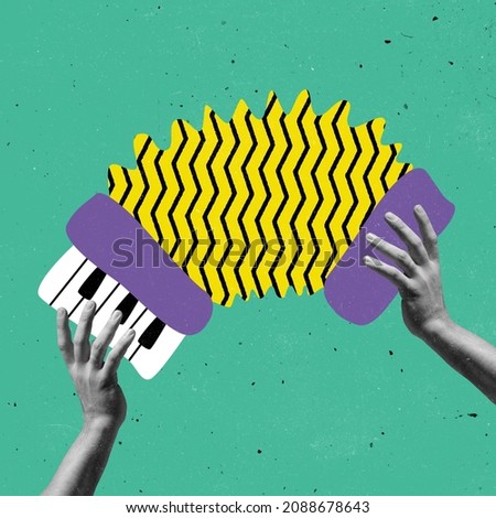 Music. Hands aesthetic playing accordion on green background. Concept of human relation, community, togetherness, symbolism, surrealism. Contemporary art collage and modern design