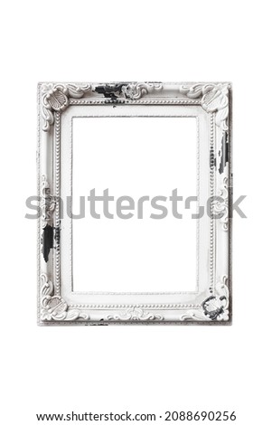 White, antique, vertical picture frame empty and isolated on white background. Old, vintage, decorative element with free space for your design or text. Frame mockup.