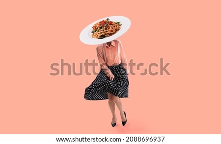 Mouth watering carbonara. Contemporary art collage. Young girl in attire of 70s, 80s fashion style with plate of noodles instead head dancing isolated on pink background. Concept of creativity, food