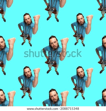 Seamless pattern made of portraits of male cameraman with retro camera isolated on navy color studio background. Concept of occupation, job, humor, profession, funny meme emotions.