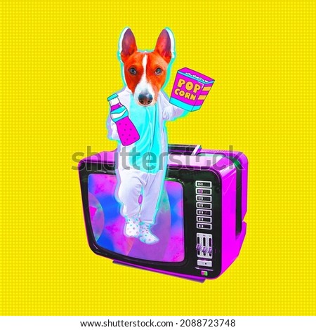 Contemporary art collage. Funny trendy zine design. Cute doggie watching tv series at home. Pajama party. Lockdown life concept Royalty-Free Stock Photo #2088723748